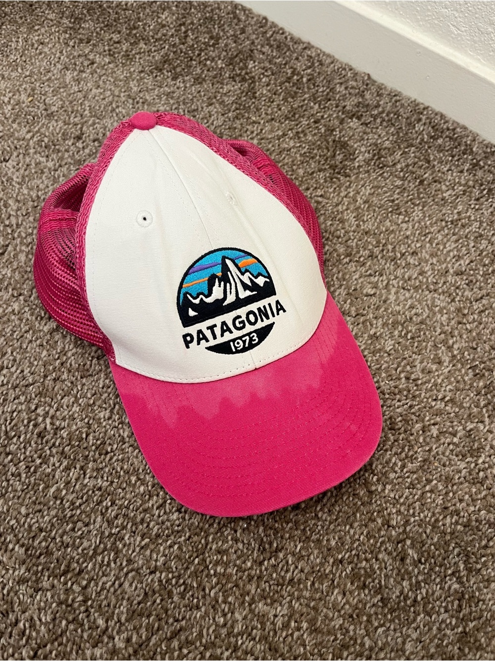 Pink Patagonia baseball trucker hat